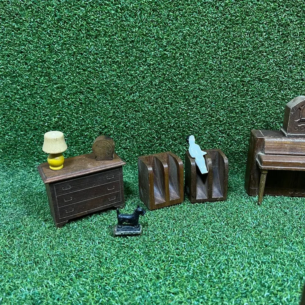Vintage Wooden Dollhouse Miniature Clock Piano Drawers Dining Set